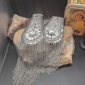 Silver tone unisex vintage rhinestone and tassel Epaulets